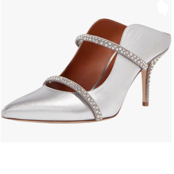 miss left Silver Studded Pointed Toe Double Straps Mules Slip On Mid Heel Sandal - Picture 1 of 8